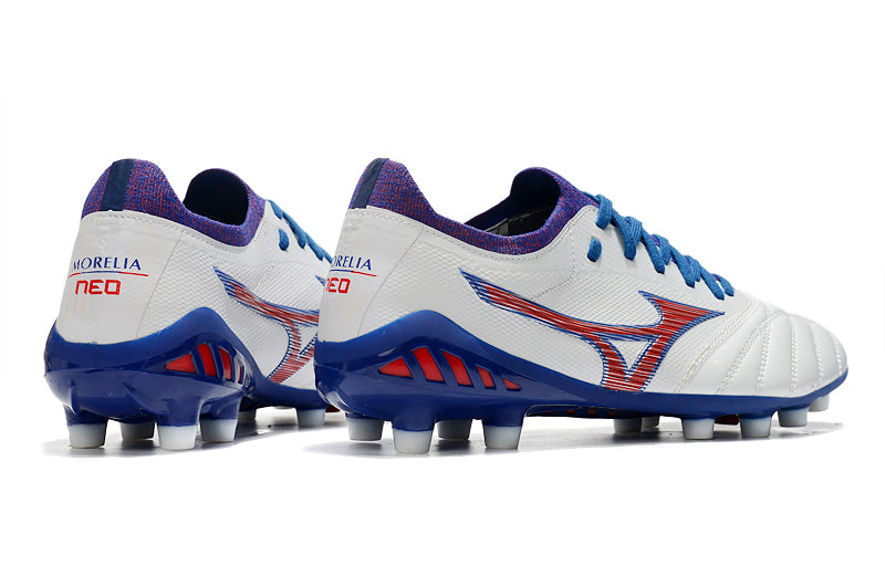 Mizuno Morelia Neo III ホワイト/ブルー Chuteira de Campo Mizuno Morelia Neo 3 β Made In Japan FG Azul Branco